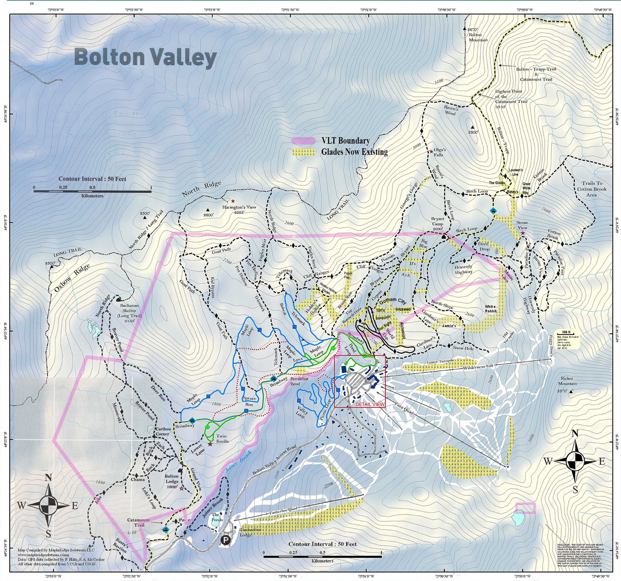 A map of Bolton Valley's Nordic and Backcountry Network with more than two dozen glades listed.