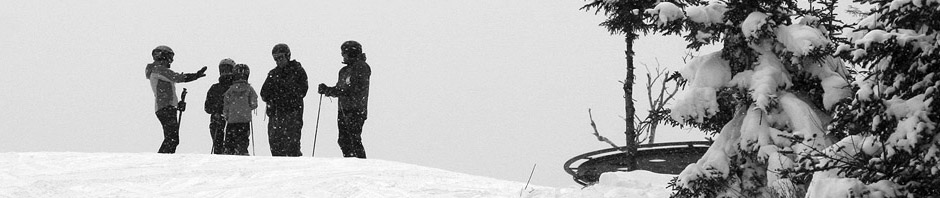 An image of Erica, Amy, James, Tom, & Ty in conversation atop the Timberline area at Bolton Valley Ski Resort in Vermont