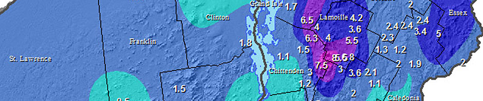 A map of snow totals from the National Weather Service Office in Burlington Vermont for the Alberta Clipper and associated upslope snowon December 25-26, 2011