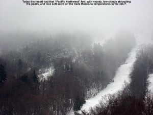 An image of the main upper mountain at Bolton Valley Resort in Vermont with low clouds