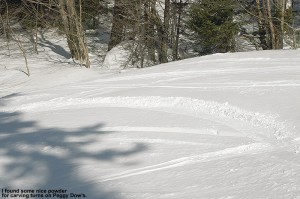 An image of ski tracks in the powder on the Peggy Dow's trail at Bolton Valley Ski Resort in Vermont