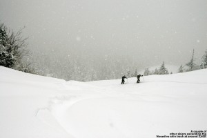 An image of two skiers ascending through deep snow via a skin track on the Nosedive trail at Stowe Mountain Resort in Vermont