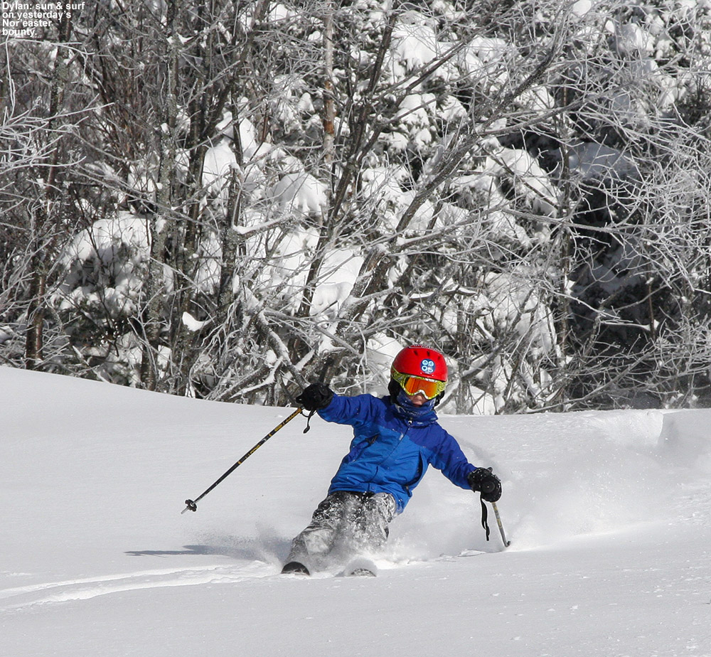 An image of Dylan skiing some nor'easter powder on the Spell Binder trail at Bolton Valley Resort in Vermont