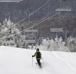 An image of Erica Telemark skiing in powder on the Brandywine trail at Bolton Valley Ski Resort in Vermont