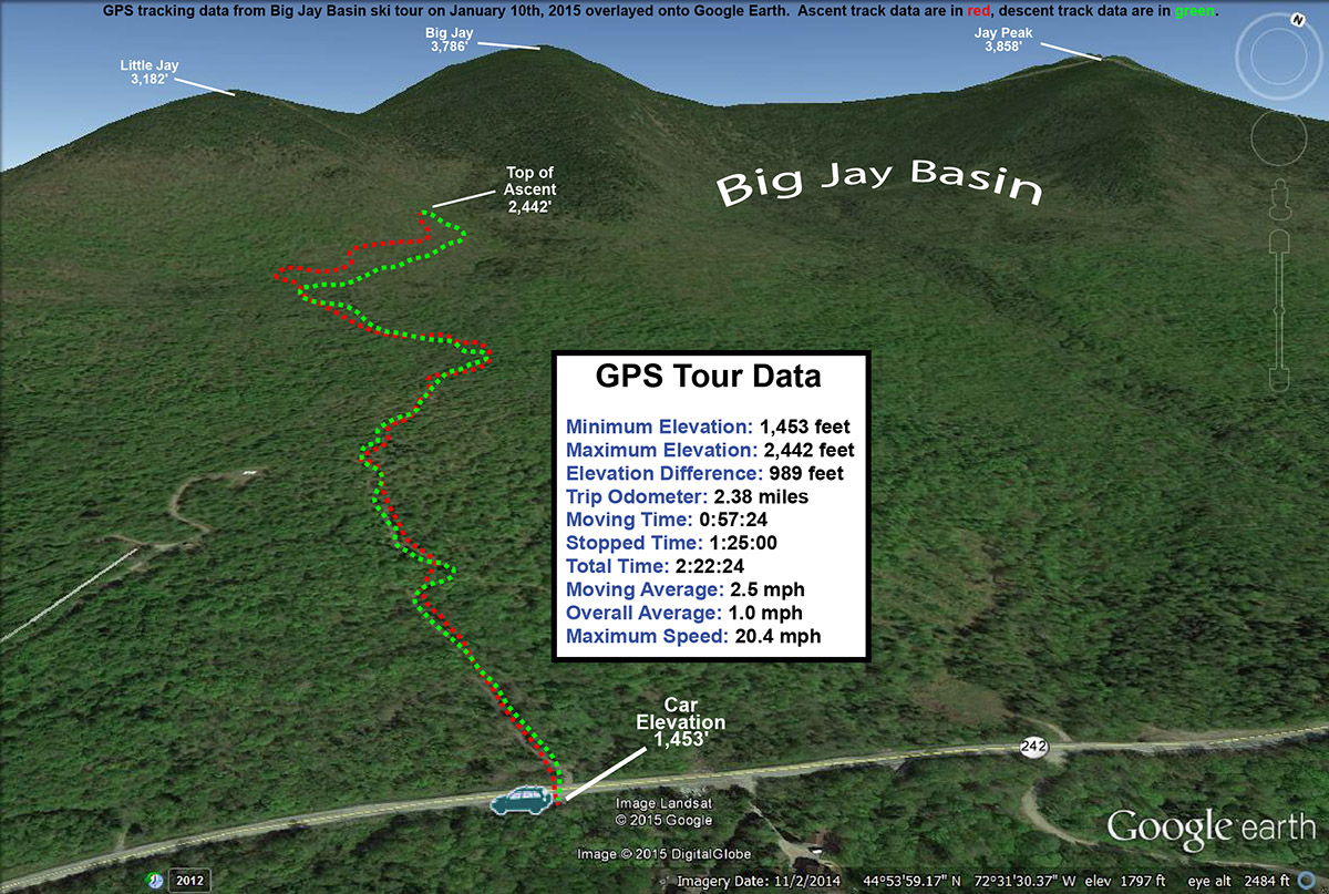 An image showing GPS tracking data on a Google Earth map for a backcountry ski tour in the Big Jay Basin area near Jay Peak Ski Resort in Vermont