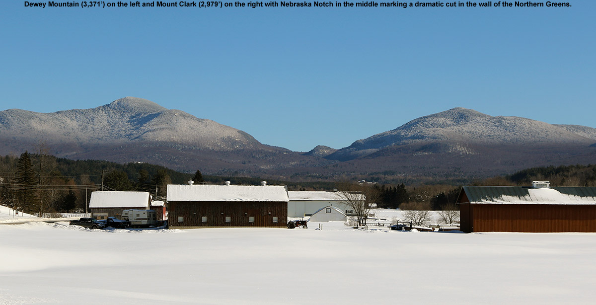 An image showing Nebraska Notch surround by Dewey Mountain and Mount Clark as view from the west in the Underhill area of Vermont