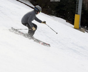 An image of Jack skiing on the Spillway trail at Bolton Valley Ski Resort in Vermont