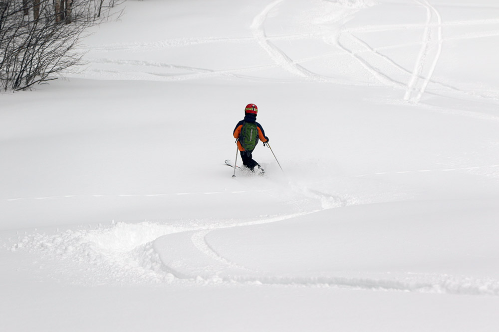 An image of Dylan skiing fresh powder on the Tattle Tale trail at Bolton Valley Ski Resort in Vermont