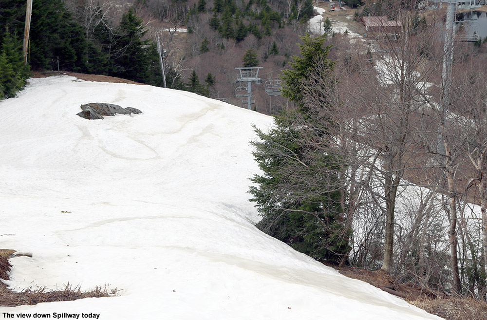 An image looking down the Spillway trail at Bolton Valley Ski Resort in Vermont at the end of April