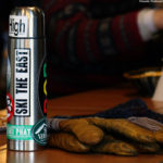 An image of a water bottle and some ski gloves at the Fireside Flatbread bar at Bolton Valley Ski Resort in Vermont