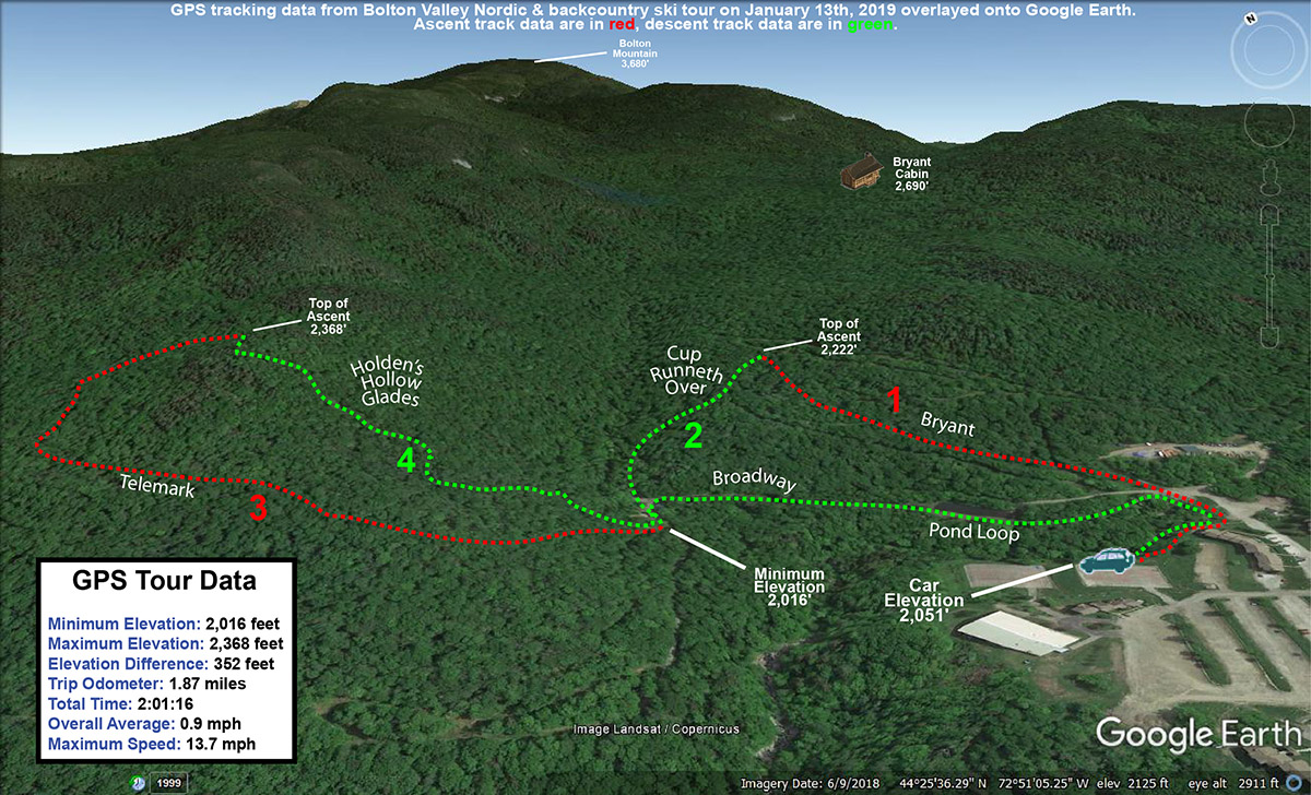 An image showing a Google Earth map with GPS tracking data of a ski tour on the Nordic and Backcountry Network at Bolton Valley Resort in Vermont
