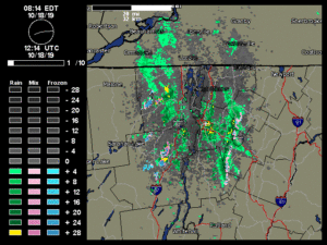 A radar image showing moisture streaming into the Green Mountains of Vermont and producing snow along the peaks in mid October