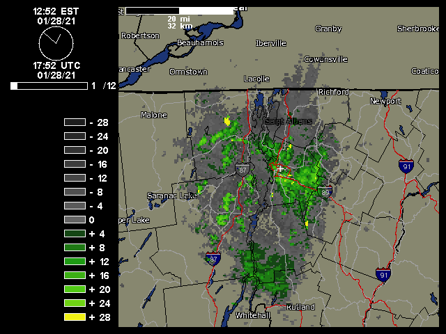 A weather radar image of snow pushing eastward from the Champlain Valley into the spine of the Northern Green Mountains on the back side of Winter Storm Nathaniel