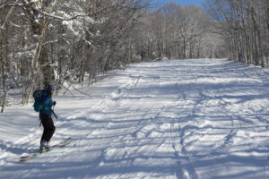 An image of Erica ascending via the Wilderness Uphill Route at Bolton Valley Ski Resort in Vermont