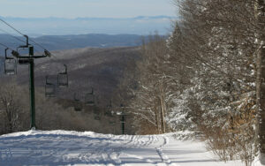 An image of the Wilderness Lift line during a ski tour at Bolton Valley Ski Resort in Vermont