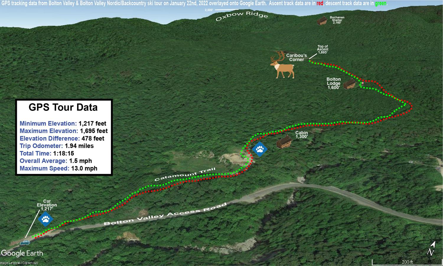 A Google Earth map with GPS tracking data for a ski tour on the Nordic & Backcountry Network at Bolton Valley Resort in Vermont