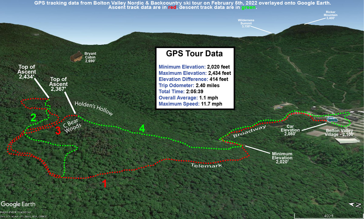 A Google Earth map with GPS tracking data from a ski tour on the Bolton Valley Nordic & Backcountry Network at Bolton Valley Ski Resort in Vermont