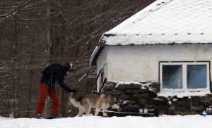 An image of Ty and a husky by the Bolton Lodge on the Nordic and Backcountry Network at Bolton Valley Ski Resort in Vermont