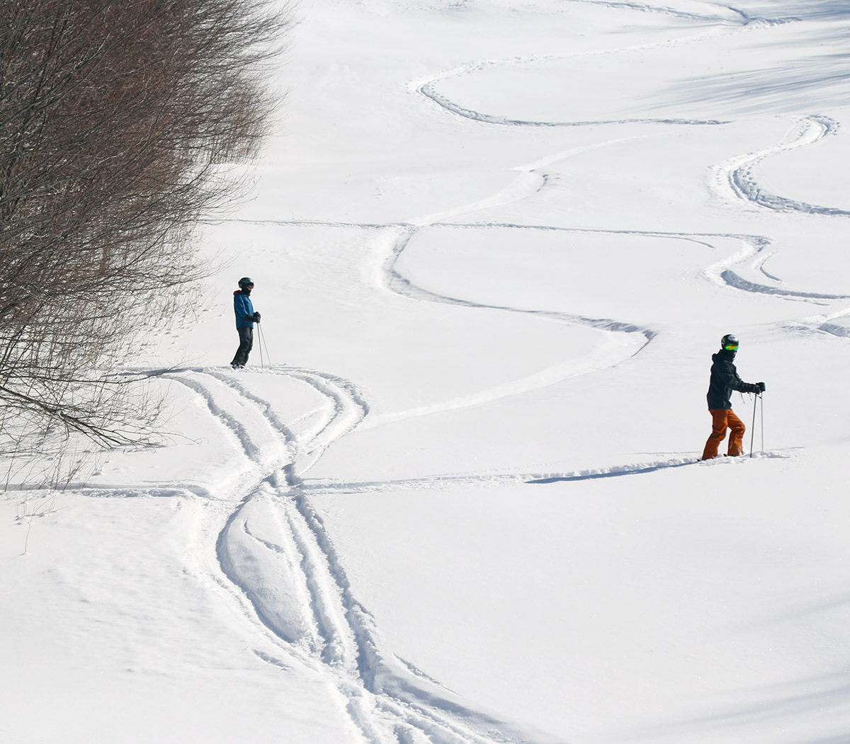 An image of Erica and Tyler getting ready to ski some powder from Winter Storm Oaklee below the Spell Binder headwall at Bolton Valley Resort in Vermont