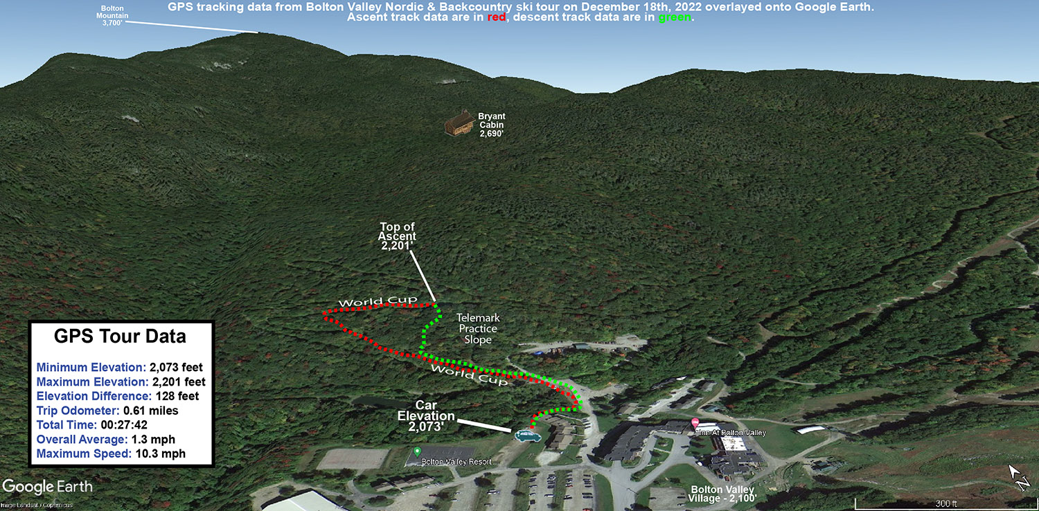 A Google Earth map of a backcountry ski tour on December 18th, 2022 with GPS tracking data on the Nordic and Backcountry Network at Bolton Valley Resort in Vermont
