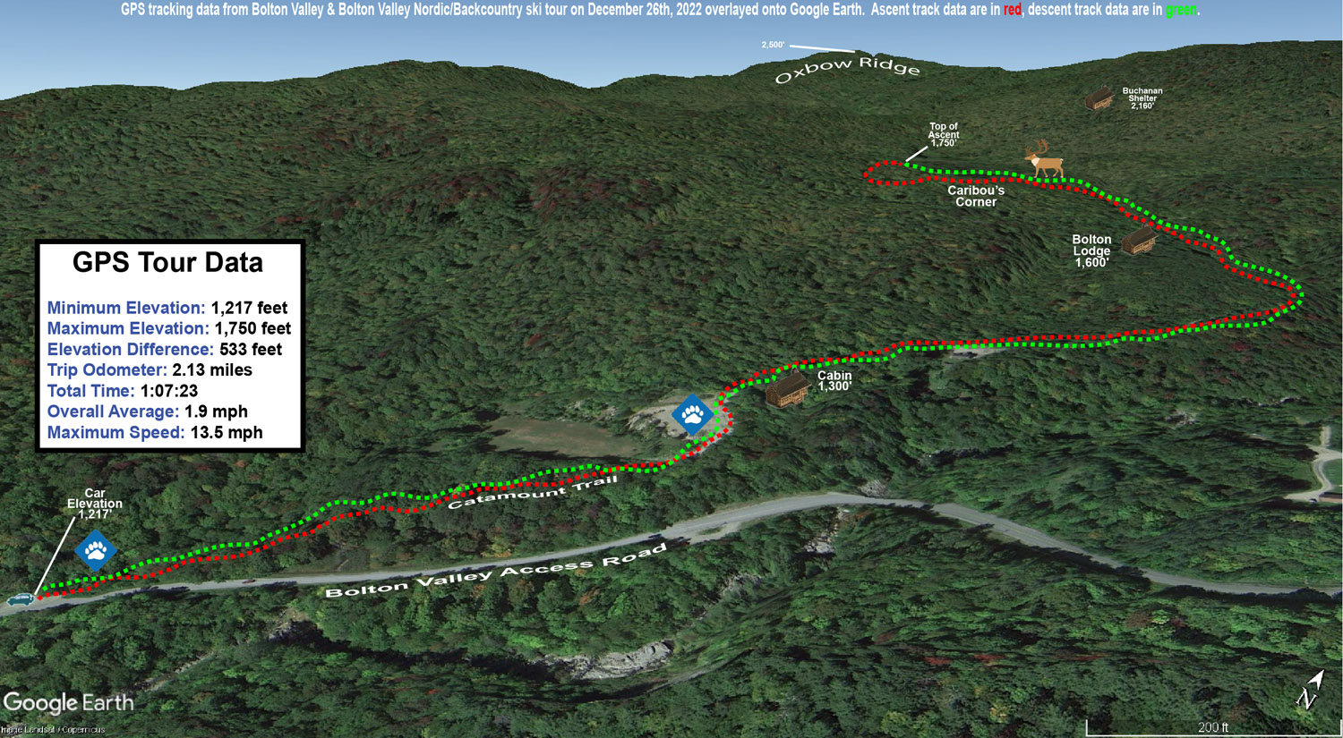 A Google Earth map with GPS tracking data of a ski tour on the Nordic and Backcountry Network at Bolton Valley Resort in Vermont