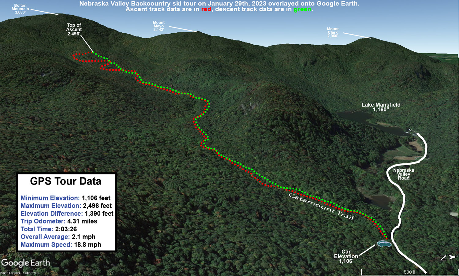 A Google Earth map with GPS tracking data from a backcountry ski tour along the Catamount Trail in the Nebraska Valley of Vermont