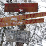 An image of signs for the Cotton Brook area and nearby locations on the Nordic and Backcountry Network at Bolton Valley Ski Resort in Vermont