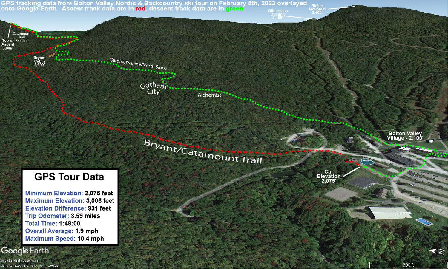A Google Earth map showing GPS tracking data from a ski tour on February 5th, 2023 at Bolton Valley Ski Resort in Vermont