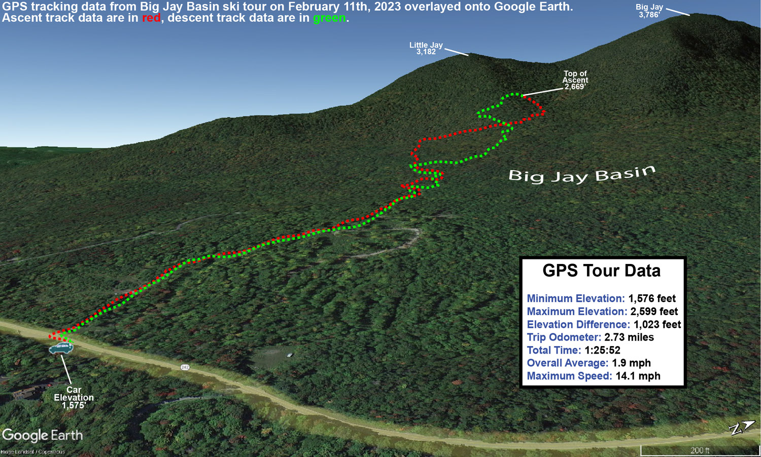 A Google Earth map with GPS tracking data from a ski tour in the Big Jay Basin area of Vermont