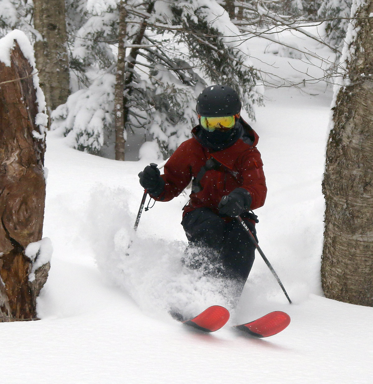 An image of Dylan skiing powder snow among the trees at Bolton Valley Ski Resort in Vermont