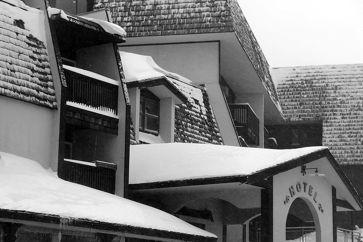 An image of the Hotel in the Village area at Bolton Valley Ski Resort in Vermont during Winter Storm Olive