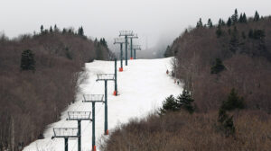 An image of the Gondolier trail from near the base of the Gondola during an April ski tour at Stowe Mountain Resort in Vermont