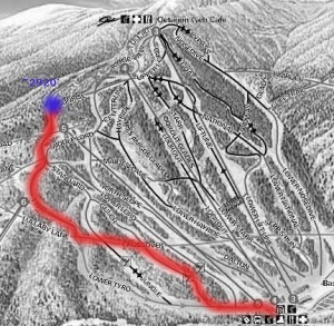 A map showing the route of my ski tour on Mt. Mansfield at Stowe Mountain Resort after an early October snowstorm delivered some powder snow for skiing