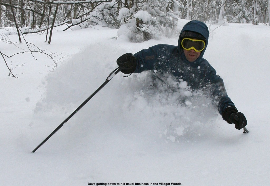 An image of Dave skiing in deep powder in the Villager Trees area of Bolton Valley Ski Resort in Vermont