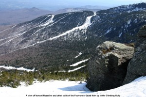 An image of some of the trails of Stowe Mountain Ski Resort in Vermont taken from the alpine area up near the Chin of Mt. Mansfield