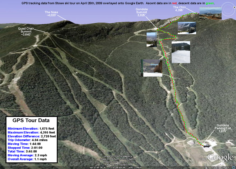 A Google Earth/GPS map showing the route of a ski tour up through Stowe Mountain Resort to the Chin of Mt. Mansfield on April 25th, 2009
