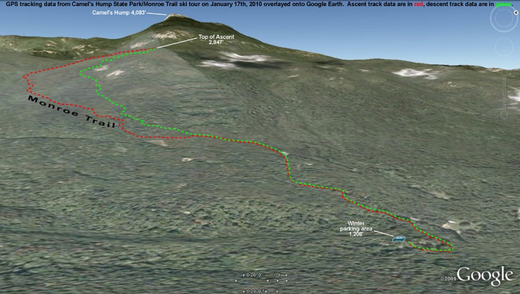 An image of a GPS track plotted on Google Earth of a backcountry ski tour in the Monroe Trail area of Camel's Hump
