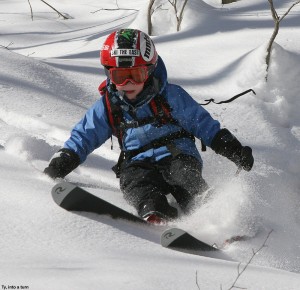 An image of Ty skiing backcountry powder in the Bald Hill area near Camel's Hump 