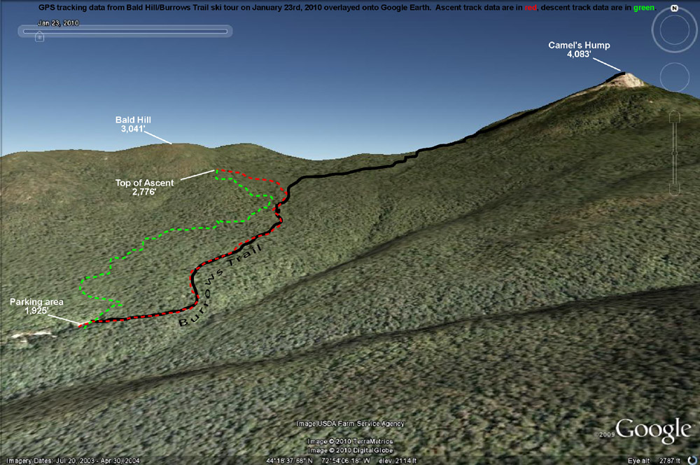 A Google Earth Image with GPS tracking data from a ski tour on Bald Hill near Camel's Hump in Vermont