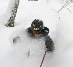 An image of Jay about to take a face shot skiing deep powder at Bolton Valley, Vermont