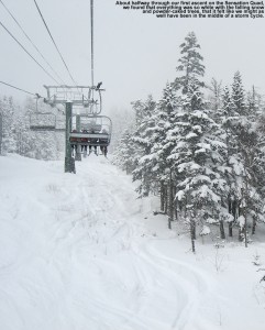 Stowe Mountain Resort in Vermont - An image from the Sensation Quad at Spruce Peak as we ride up amidst snowfall