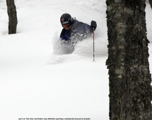 Jay in the powder at Bolton valley