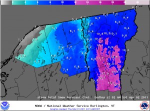 Snowfall accumulations map for Vermont and Northern New York