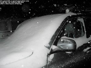 An image of our Subaru Forester covered with snow at Stowe Mountain Resort in Vermont