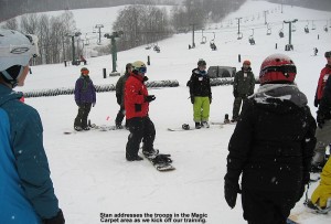 Image of Stan Biasini providing snowboarding instruction