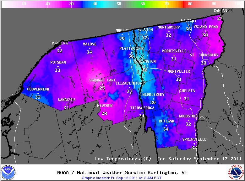 A map of predicted low temperatures for Vermont and New York from the Natioanl Weather Service in Burlington for September 17th, 2011