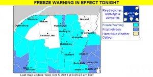 The map of freeze warnings and frost advisories for October 5, 2011 from the National Weather Service Office in Burlington, Vermont