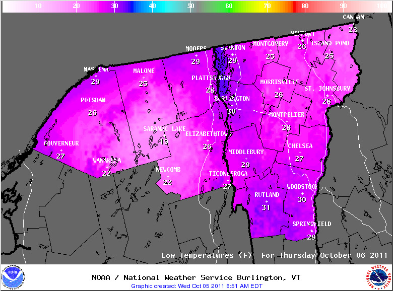 A map of predicted low temperatures for October 5, 2011 for Vermont and Northern New York