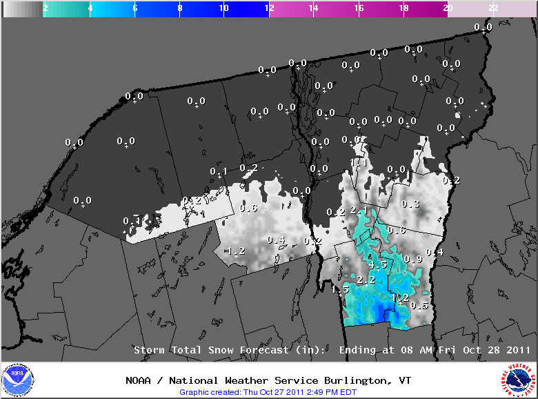Snow accumulations map for October 27, 2011 from the National Weather Service Office in Burlington, Vermont