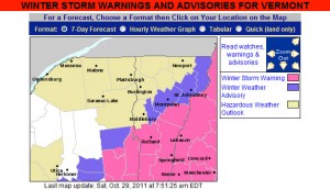 The map from the National Weather Service for Vermont Winter Storm Warnings and Advisories for October 29, 2011